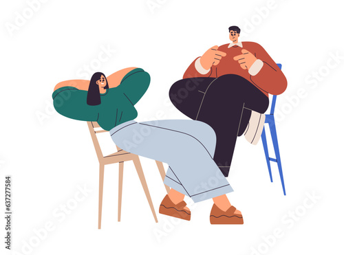 Conversation, dialog. Two relaxed people speaking, talking. Happy man and wom...