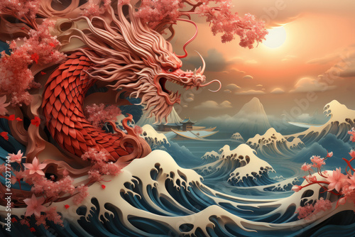 Chinese new year concept paper art style background. Dragon and cherry blossom red background. © ant