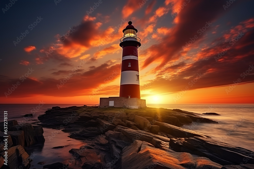 Beautiful lighthouse by the ocean at sunset