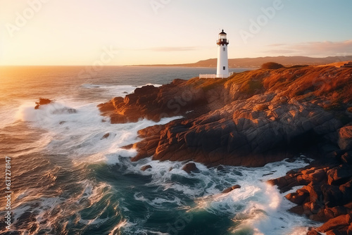 Beautiful lighthouse by the ocean at sunset