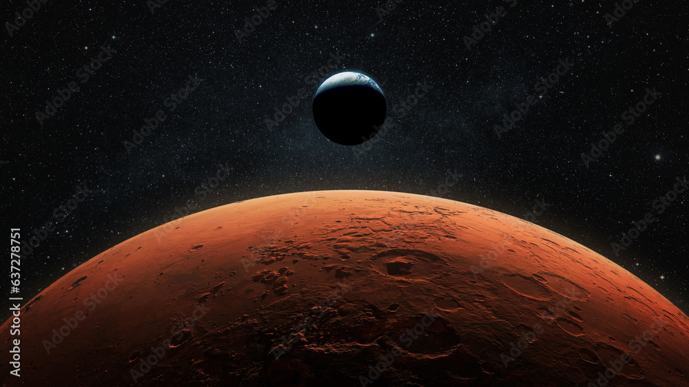View of planet earth from Mars. Mars, the red planet with detailed surface features and craters in deep space. Blue Earth planet in outer space. mars and earth, concept. - obrazy, fototapety, plakaty 