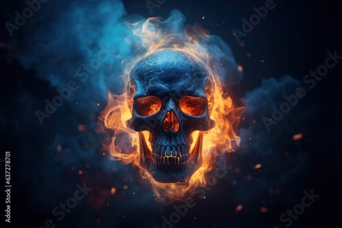 Mystic and Ominous: Flaming Skull Amidst Eerie Blue Darkness - An AI Generated Image of Uncanny Visuals