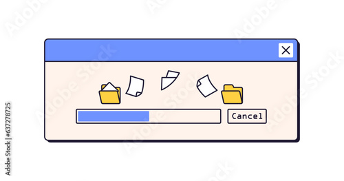 File copy, save process, window in retro style. 90s UI design. Data and information, documents moving between computer folders, progress. Flat graphic vector illustration isolated on white background