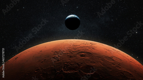 View of planet earth from Mars. Mars, the red planet with detailed surface features and craters in deep space. Blue Earth planet in outer space. mars and earth, concept. photo
