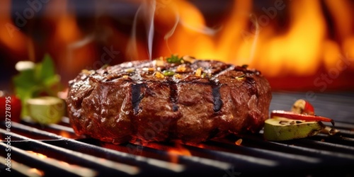 A steak is being cooked on a grill in front of flames, created by Generative AI