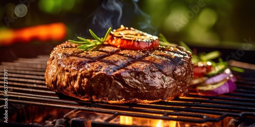 A steak is being cooked on a grill in front of flames, created by Generative AI