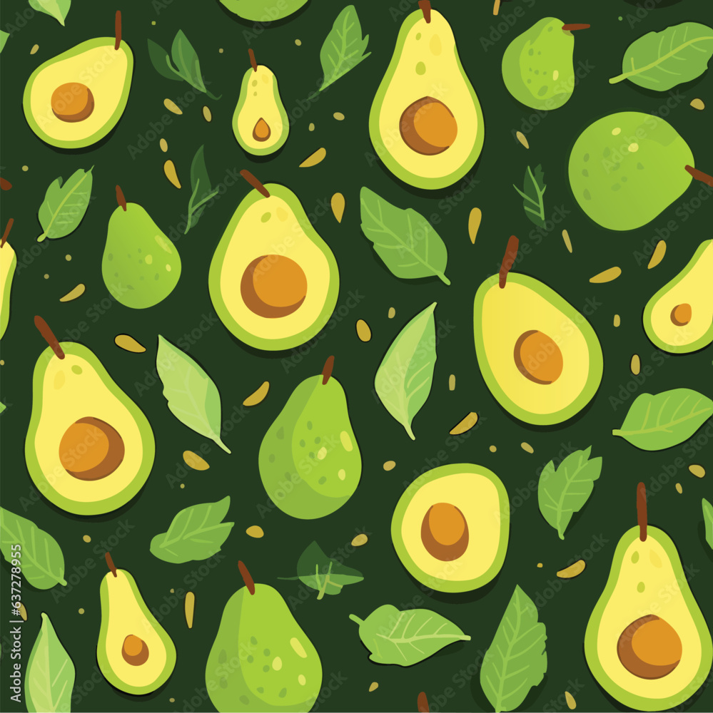 Seamless pattern whole and sliced avocado on dark green background, Vector illustration