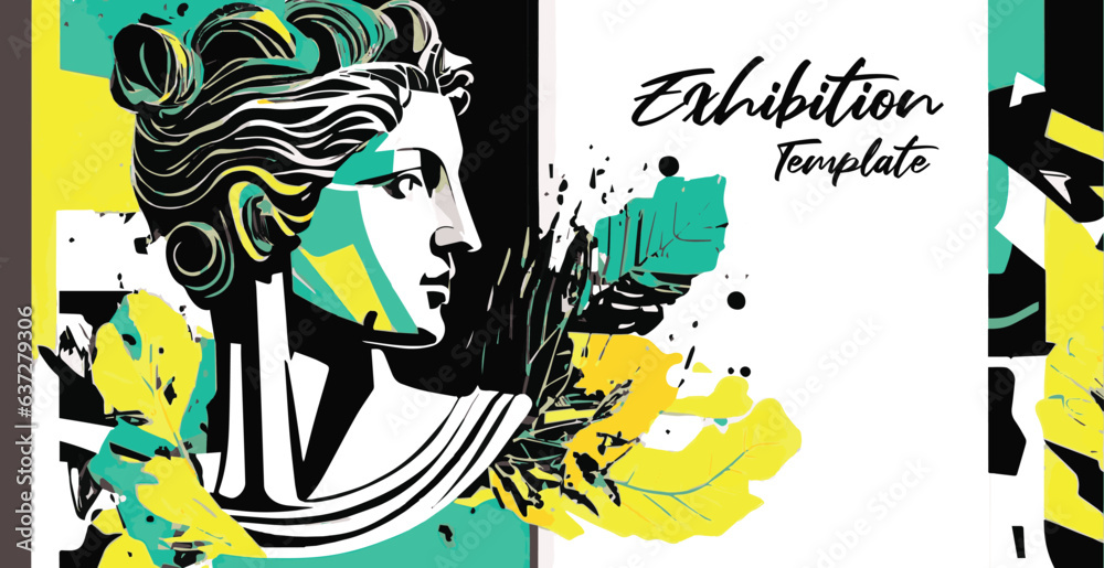 Fototapeta premium Exhibition poster or banner template. Art objects. Classical and contemporary painting, sculpture and music. Plaster bust, statues and abstract shapes, spots and lines. Vector.