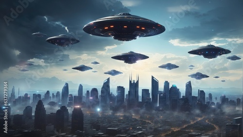 Canvas Print An armada of UFOs looms over the downtown area, colossal alien spacecraft casting shadows on the city
