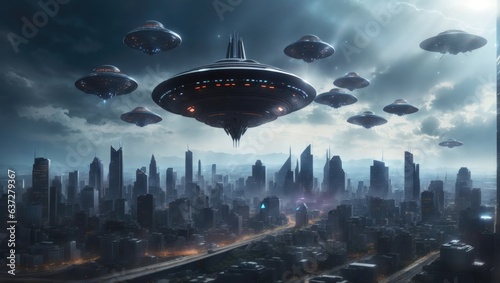 An armada of UFOs looms over the downtown area  colossal alien spacecraft casting shadows on the city.