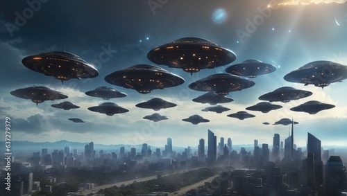 Photographie An armada of UFOs looms over the downtown area, colossal alien spacecraft casting shadows on the city
