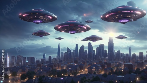An armada of UFOs looms over the downtown area, colossal alien spacecraft casting shadows on the city.