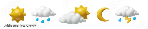 3D render weather icon set. Realistic cartoon Sunny, rainy, partly cloud, clear night, storm. Vector illustration in plastic style. Meteorology forecast. Climate sign collection