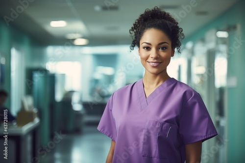 young hispanic nurse, medical blurry background