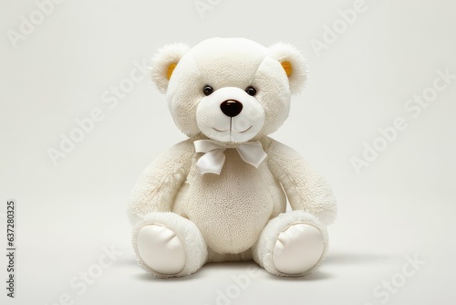 white teddy bear sitting up against a plain background