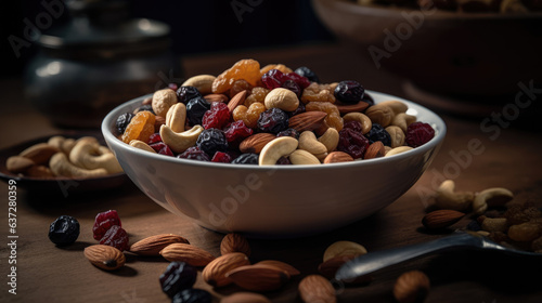 Trail mix in a white bowl.