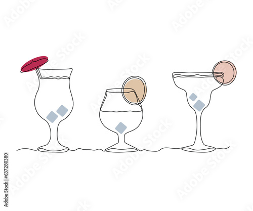 Drinks set, bar,cognac,Margarita cocktail, tequila with liqueur and lime juice and lime slice Continuous One Line Drawing
