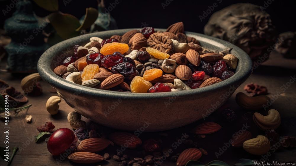 Trail mix in a white bowl. Trail mix in a white bowl.