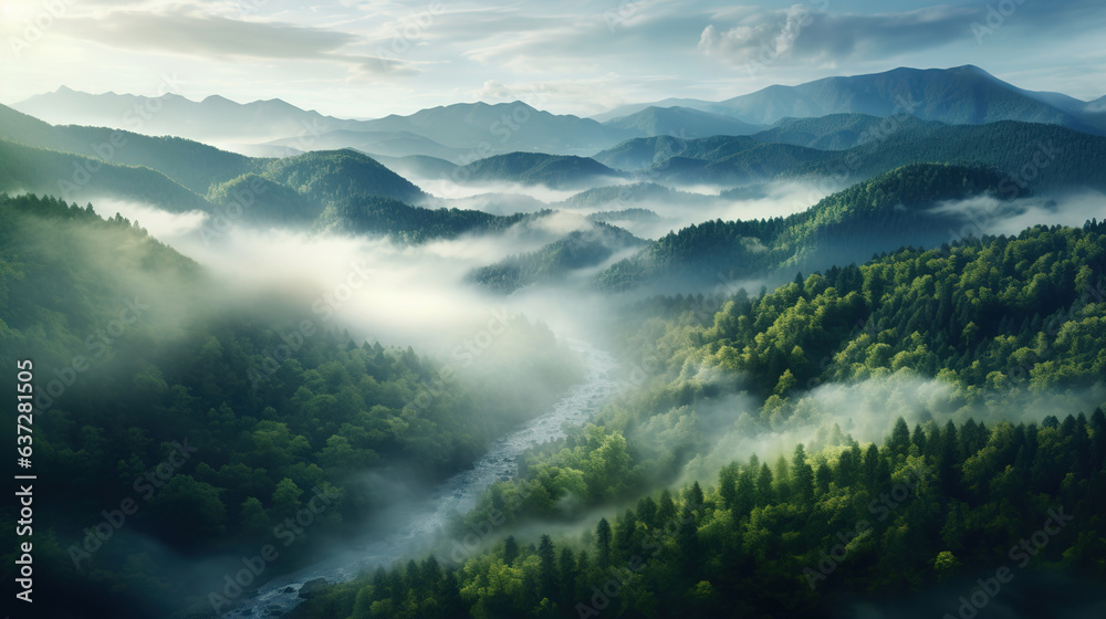 Obraz premium The Foggy Forest in the Mountains. Generative Ai