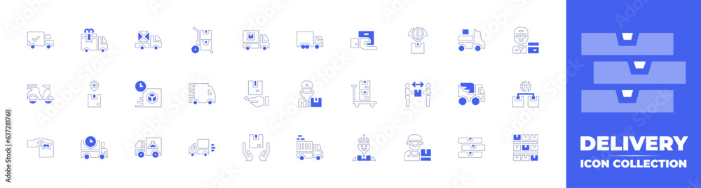 Delivery icon collection. Duotone style line stroke and bold. Vector illustration. Containing delivery truck, free delivery, delivery box, delivery, delivery van, delivery man, and more.