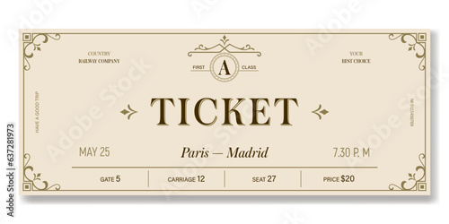  Vintage ticket template on a light background with golden accents. For excursion routes, retro parties, clubs and other projects. Just add your own text. Vector, can be used for printing.