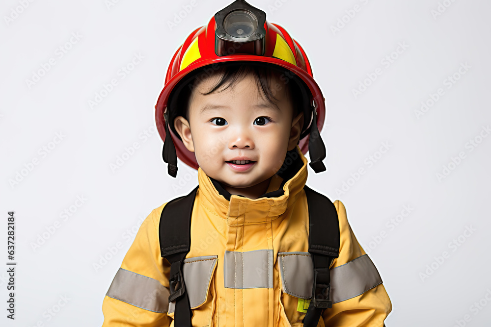 portrait of a little asian boy dressed as a fireman, ai generated portrait of a little asian boy dressed as a fireman, ai generated
