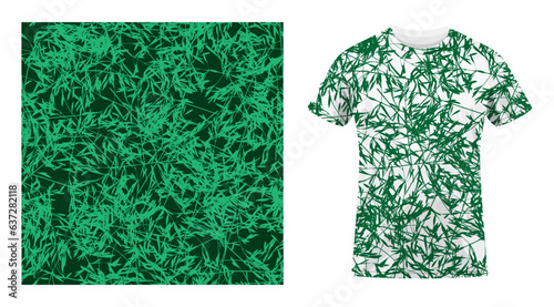 Short sleeved cotton sports t shirt decorated camouflage grass leaves silhouettes seamless pattern. Grass floral ornate. Comfortable summer clothes. Vector ornament for design of textile and fabric
