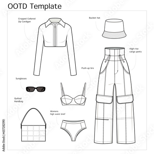 Badass female outfit fashion flat technical drawing template. High-rise cargo pants, crop Collared Zip top, Handbag, Sunglasses, Bucket hat , push up bra, womens brief. collection. OOTD. CAD mockup.