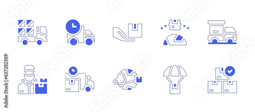 Delivery icon set. Duotone style line stroke and bold. Vector illustration. Containing shipping and delivery, delivery truck, delivery, delivery woman, fast delivery, global delivery, air delivery.