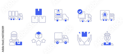 Delivery icon set. Duotone style line stroke and bold. Vector illustration. Containing delivery truck, shipping, delivery service, delivery woman, satisfaction, truck, delivery, delivery man. © Huticon