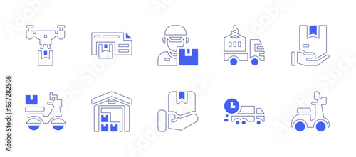Delivery icon set. Duotone style line stroke and bold. Vector illustration. Containing drone delivery, delivery, delivery man, delivery truck, delivery service, delivery time.