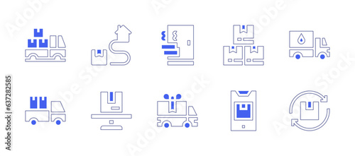 Delivery icon set. Duotone style line stroke and bold. Vector illustration. Containing cargo truck, delivery, food delivery, package, truck, delivery truck, mobile, loading.