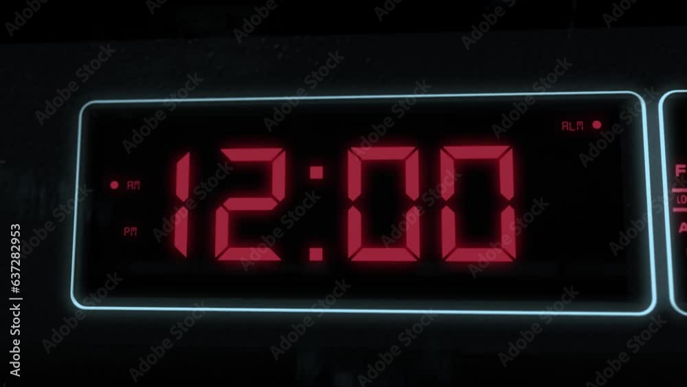 High quality CGI render of a digital alarm clock, with glowing red numbers, ticking over from 11.59 to 12.00 a.m. with camera slowly pushing in dramatically - witching hour High quality CGI render of a digital alarm clock, with glowing red numbers, ticking over from 11.59 to 12.00 a.m. with camera slowly pushing in dramatically - witching hour