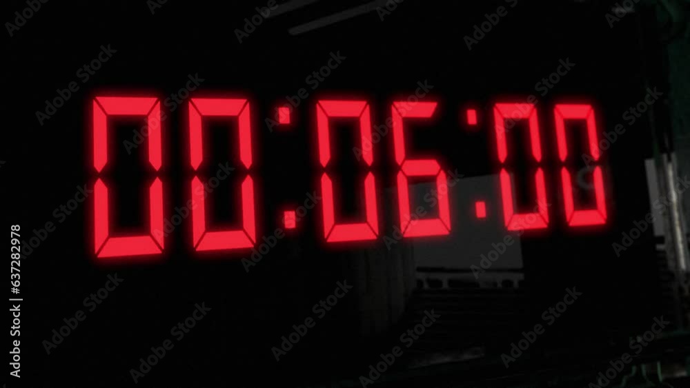 High quality CGI render of a digital countdown timer on a wall-mounted screen, with glowing red numbers, counting down from 10 to zero, with dramatic left to right camera move