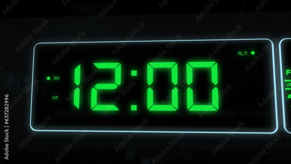 High quality CGI render of a digital alarm clock, with glowing green numbers, ticking over from 11.59 to 12.00 a.m. with camera slowly pushing in dramatically - witching hour