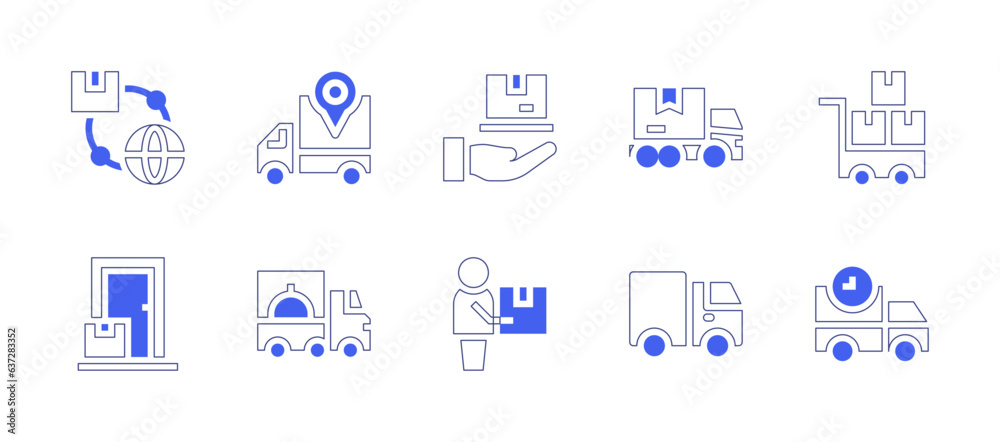 Delivery icon set. Duotone style line stroke and bold. Vector illustration. Containing worldwide shipping, delivery truck, delivery, truck, trolley, door delivery, delivery man.