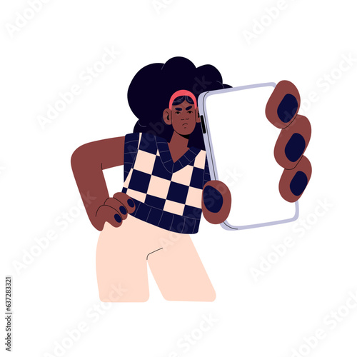 Sad young black woman shows smartphone. Unhappy character holds smart phone in hand, girl use and showing mobile, dissatisfied person with afro. Flat isolated vector illustration on white background
