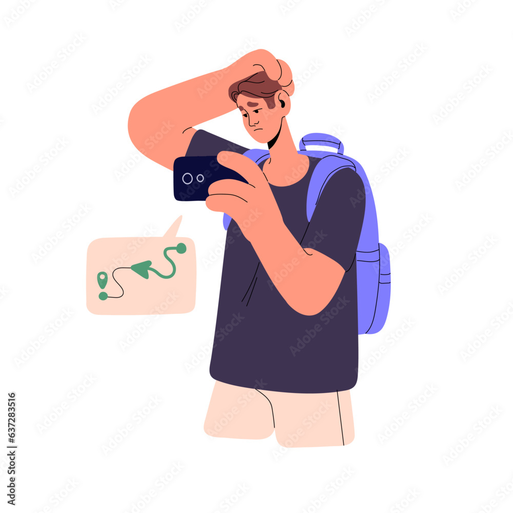 User hold smartphone in hand and use navigator. People search to route, road, track by GPS, traveler navigates with smart phone, find geolocation in mobile. Flat isolated vector illustration on white