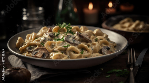 tortellini pasta with mushroom cream sauce and cheese.