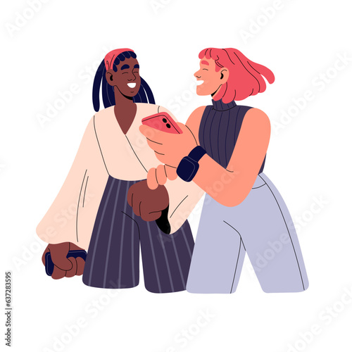 Friends talk, walk and spend time together. Happy women smile, gossip, hold smartphones in hand. People meeting, international communication, conversation. Flat isolated vector illustration on white