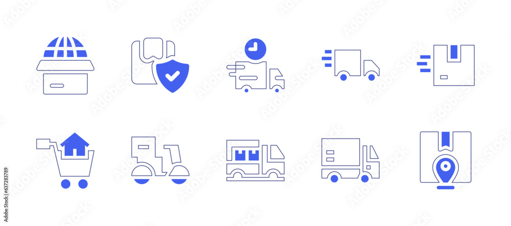 Delivery icon set. Duotone style line stroke and bold. Vector illustration. Containing package, delivery box, delivery truck, delivery, sale, scooter, location.