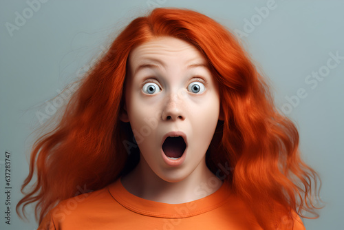 Close up Portrait young beautiful attractive redhair girl shocking with something. photo