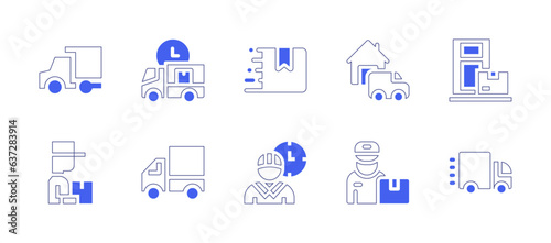 Delivery icon set. Duotone style line stroke and bold. Vector illustration. Containing delivery truck, delivery time, delivery, door delivery, delivery man, delivery van.