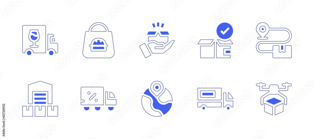 Delivery icon set. Duotone style line stroke and bold. Vector illustration. Containing delivery, shopping bag, product, package, distribution center, free delivery, world, delivery truck, drone.