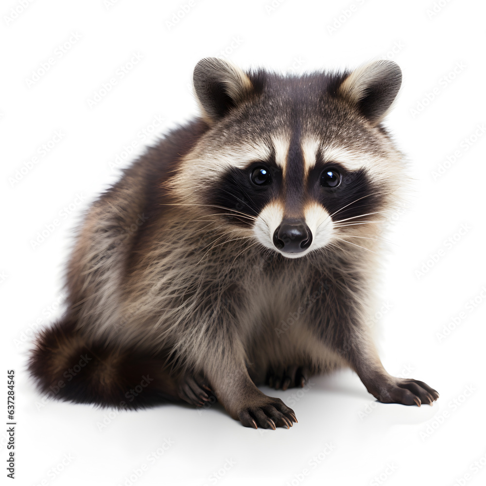 Portrait of adorable raccoon isolated on white background.