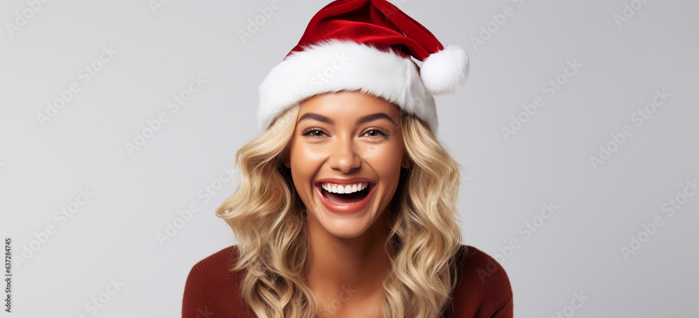 surprised christmas woman wearing Santa Claus hat isolated on white color background.