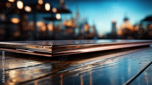 A front view of a luxurious silver metallic empty table for product placement, set against a dark, blurry city background, serves as a blank metallic table mockup 