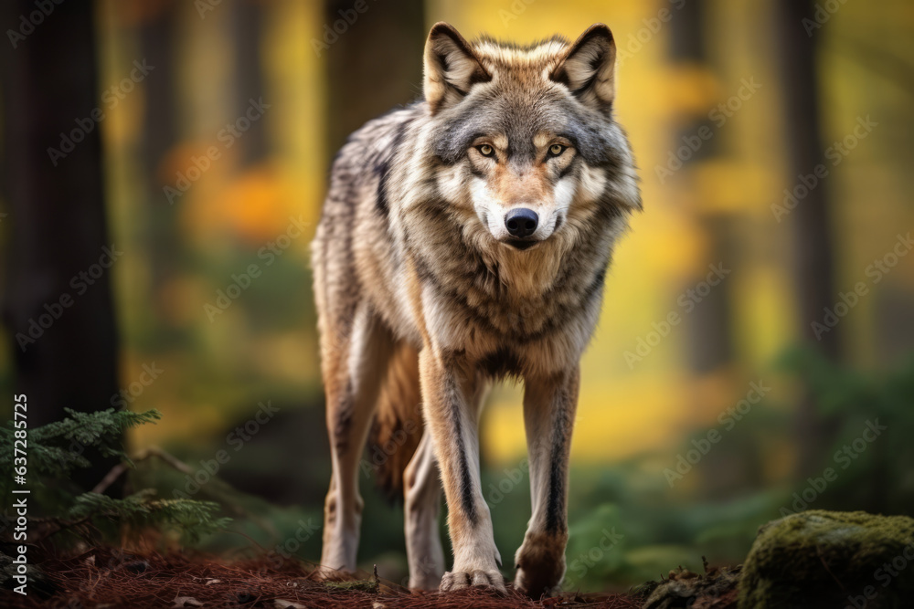 Beautiful adult male wolf standing in the woods