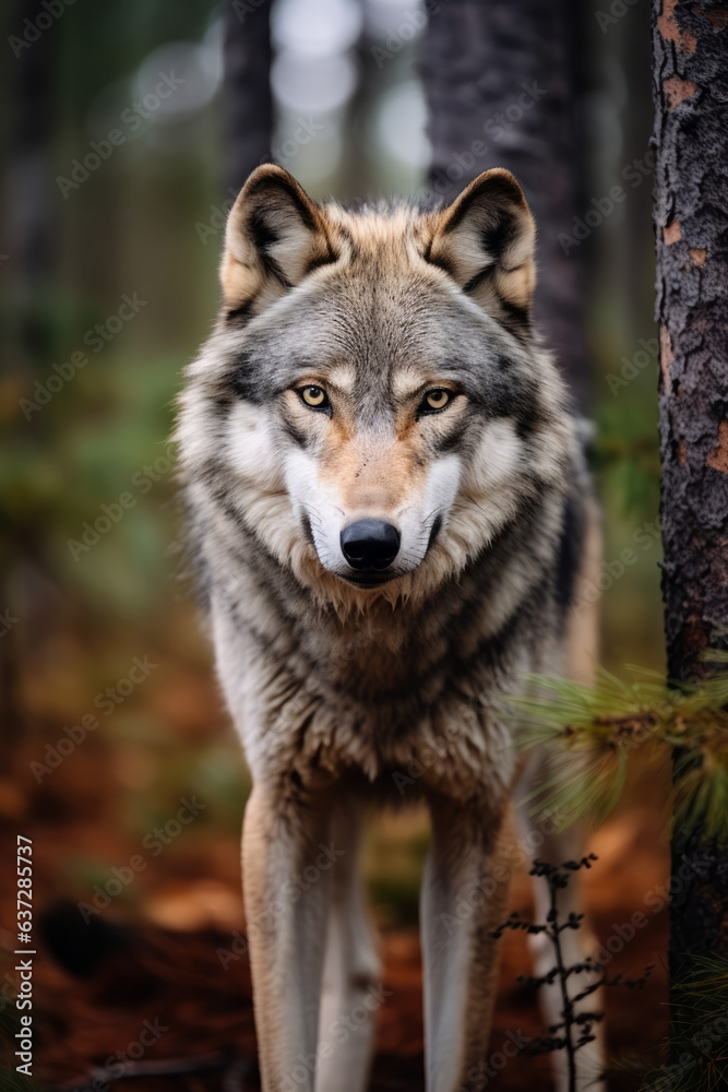 Beautiful adult male wolf standing in the woods Beautiful adult male wolf standing in the woods