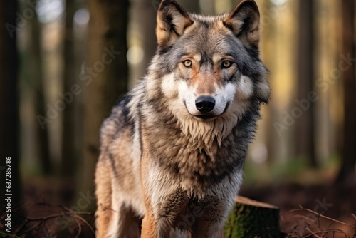 Beautiful adult male wolf standing in the woods